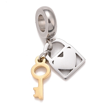 304 Stainless Steel European Dangle Charms, Large Hole Pendants, Key & Lock, Golden & Stainless Steel Color, 27.5mm, Hole: 4.5mm, Key: 12x5x1.5mm, Lock: 11x8x1.5mm