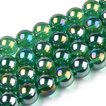 Electroplate Transparent Glass Beads Strands, AB Color Plated, Round, Sea Green, 9.5~10mm, Hole: 1.5mm, about 40~42pcs/strand, 14.76~15.12 inch(37.5~38.4cm)