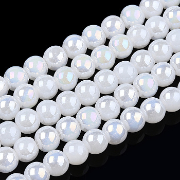 Electroplate Imitation Jade Glass Beads Strands, AB Color Plated, Round, Creamy White, 9.5~10mm, Hole: 1.5mm, about 40~42pcs/strand, 14.76 inch~15.12 inch(37.5~38.4cm)