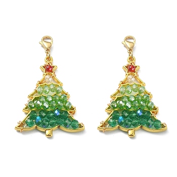 Christmas Theme Alloy Big Pendant Decoration, with Glass Beads, Christmas Tree, Golden, 54mm, Tree: 42x32.5x7mm
