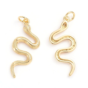 Brass Micro Pave Cubic Zirconia Pendants, with Jump Ring, Snake, Clear, Real 18K Gold Plated, 27.5x12x2mm, Hole: 3mm