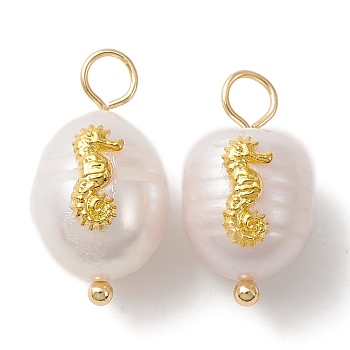 Natural Freshwater Pearl Pendants, Oval Charms with Alloy Sea Horse Slice, Golden, 23~24.5x9~10x9.5~11mm, Hole: 2.5~3mm