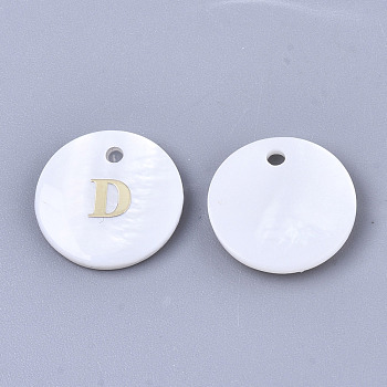 Natural White Shell Mother of Pearl Shell Charms, with Iron Sticker, Flat Round with Letter, Letter.D, 13x2mm, Hole: 1.5mm