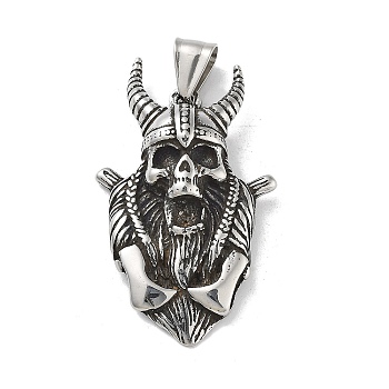 304 Stainless Steel Pendants, Antique Silver, Skull, 45x27.5x9mm, Hole: 8x5mm
