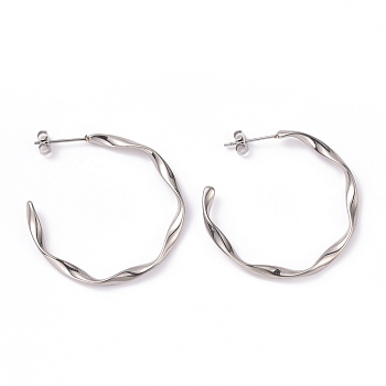201 Stainless Steel Wave C-shape Stud Earrings with 304 Stainless Steel Pins, Half Hoop Earrings for Women, Stainless Steel Color, 35.5x34.5x3mm, Pin: 0.8mm