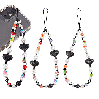 2Pcs Colorful Beads Plastic Pearl Heart Beaded Chain Moblie Straps, for Mobile Phone Case Handbag Decorative Accessories, Mixed Color, 23cm