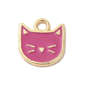 Rack Plating Alloy Enamel Charms, Cadmium Free & Lead Free, Light Gold, Cat Shape Charm, Pale Violet Red, 14.5x13x1mm, Hole: 2.5mm