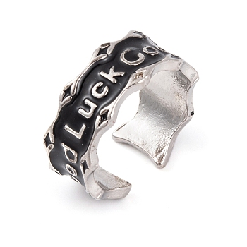 Word Good Lucky Alloy Enamel Open Cuff Ring, Wide Band Rings for Women Men, Platinum, Adjustable