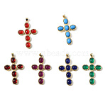 Brass Glass Pendants, Cross Charms, Long-Lasting Plated, Cadmium Free & Lead Free, Real 18K Gold Plated, Mixed Color, 45x29.5x5mm, Hole: 3.5x3.2mm(KK-Z155-09G-02)
