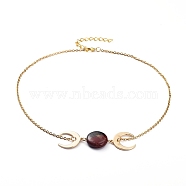 Pendant Necklaces, with Natural Red Jasper Beads, 304 Stainless Steel Cable Chains, Iron Curb Chains, Double Horn/Crescent Moon Brass Pendants & Lobster Claw Clasps, 14.57 inch(37cm), Pendant: 59x17.8x6mm(NJEW-JN02655-01)