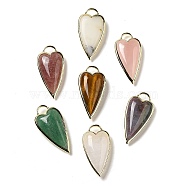 Natural Mixed Stone Pendants, Rack Plating Brass Heart Charms, Golden, 38x19x7.3~7.8mm, Hole: 4.7x6.5mm(G-K347-01G-A)