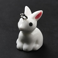Opaque Resin Pendants, Rabbit Charm, with Platinum Tone Iron Loops, White, 24.5x15x22mm, Hole: 2.5mm(RESI-A017-01)