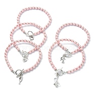 Tibetan Style Alloy Charm Bracelet, with Glass Pearl Round Beaded Chains, Mixed Shape, Pink, 9-5/8 inch(24.5cm)(BJEW-JB09784-01)