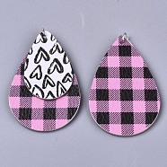 PU Leather Big Pendants, with Platinum Tone Iron Jump Rings, Teardrop with Heart, Pearl Pink, 55x36.5x3mm, Hole: 5mm(FIND-R084-10B)