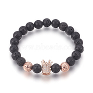 Stretch Bracelets, with Long-Lasting Plated Electroplated Natural Lava Rock, Natural Lava Rock and Brass Cubic Zirconia Beads, Crown, Rose Gold, 2-1/4 inch(5.65cm)(BJEW-G601-21RG)