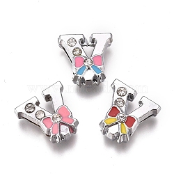 Alloy Enamel Letter Slide Charms, with Clear Cubic Ziconia, Cadmium Free & Lead Free, Initial Letters Style with Bowknot, Letter.V, V: 12.5x12.5x5.5mm, Hole: 1.5mm(X-PALLOY-K241-V)