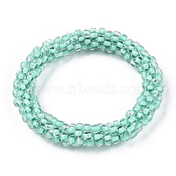 Crochet Glass Beads Braided Stretch Bracelet, Nepel Boho Style Bracelet, Aquamarine, Inner Diameter: 1-3/4 inch(4.5cm)(BJEW-K232-01C)