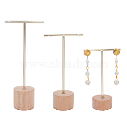 Iron Earring Display Stands, with Wooden Base, Flat Round, Golden, 39x70x117mm(EDIS-WH0007-04)