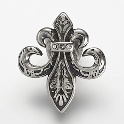304 Stainless Steel Hook Clasps, For Leather Cord Bracelets Making, with Rhinestone, Fleur De Lis, Antique Silver, 31x27x18mm, Hole: 5x10mm(STAS-F063-69)