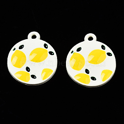 Spray Painted Alloy Pendants, with Enamel, Cadmium Free & Nickel Free & Lead Free, Flat Round with Mango, Gold, 18x15.5x2mm, Hole: 1.5mm(PALLOY-Q434-006-NR)