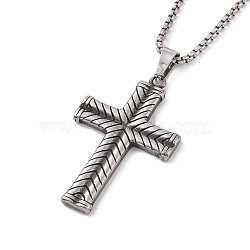 201 Stainless Steel Pendant Necklaces, Cross, Antique Silver, 23.54 inch(59.8cm)(NJEW-C034-39B-AS)