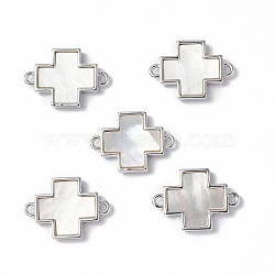 Brass Connector Charms, with Freshwater Shell, Nickel Free, Religion Cross Links, Platinum, 12.5x17.5x2.5mm, Hole: 1.4mm(KK-R134-040P)