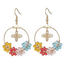 Glass Beaded Flower & Alloy Bee Dangle Earrings, Golden 304 Stainless Steel Wire Wrap Jewelry for Women, Colorful, 57mm, Pin: 0.6mm(EJEW-JE05218-01)
