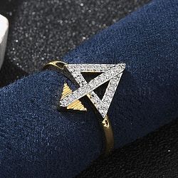 Brass Micro Pave Clear Cubic Zirconia Cuff Finger Rings for Women, Triangle & Arrow, Platinum & Golden, 17~17.5mm, Inner Diameter: Adjustable(RJEW-U033-05GP)