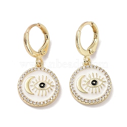 Real 18K Gold Plated Brass Dangle Leverback Earrings, with Enamel and Cubic Zirconia, Evil Eye & Moon, White, 29x14mm(EJEW-L269-002G-01)