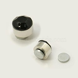 Stainless Steel Magnetic Ear Studs with Rhinestone, Flat Round, Jet, about 7mm in diameter, 6mm thick, 12pairs/board(EJEW-I054A-03)