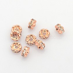 Brass Rhinestone Spacer Beads, Grade AAA, Wavy Edge, Nickel Free, Rose Gold, Rondelle, Crystal, 6x3mm, Hole: 1mm(X-RB-A014-L6mm-01RG-NF)