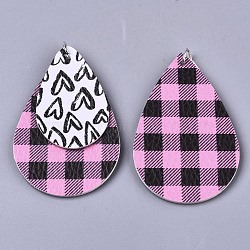 PU Leather Big Pendants, with Platinum Tone Iron Jump Rings, Teardrop with Heart, Pearl Pink, 55x36.5x3mm, Hole: 5mm(FIND-R084-10B)