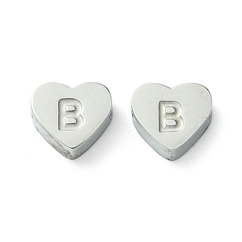 316 Surgical Stainless Steel Beads, Love Heart with Letter Bead, Stainless Steel Color, Letter B, 5.5x6.5x2.5mm, Hole: 1.4mm