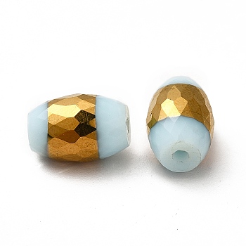 Opaque Electroplate Glass Beads, Half Golden Plated, Faceted, Oval, Aqua, 12x8mm, Hole: 0.8mm