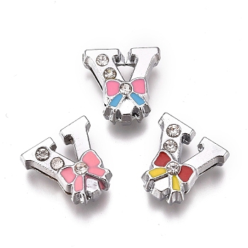 Alloy Enamel Letter Slide Charms, with Clear Cubic Ziconia, Cadmium Free & Lead Free, Initial Letters Style with Bowknot, Letter.V, V: 12.5x12.5x5.5mm, Hole: 1.5mm