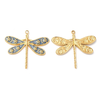 304 Stainless Steel Enamel Pendants, Real 18K Gold Plated, Dragonfly Charm, Steel Blue, 24x27x2mm, Hole: 1.4mm