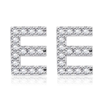 Brass Cubic Zirconia Stud Earrings, with Ear Nuts, Alphabet, Letter E, Clear, Platinum, 12.2x9x2.5mm, Pin: 0.9mm