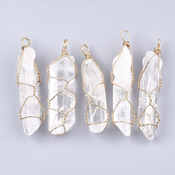 Natural Quartz Crystal Big Pendants, with Iron Findings, Nuggets, Golden, 67~91x15~25x12~20mm, Hole: 6x5mm