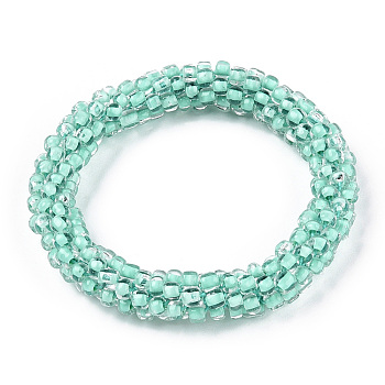 Crochet Glass Beads Braided Stretch Bracelet, Nepel Boho Style Bracelet, Aquamarine, Inner Diameter: 1-3/4 inch(4.5cm)