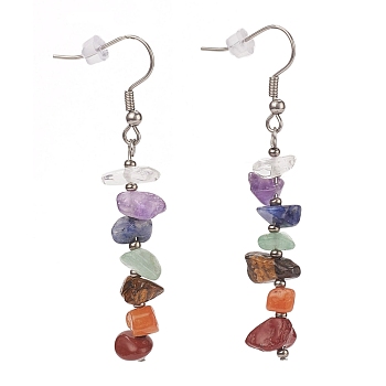 Chakra Jewelry, Chip Natural Gemstone Dangle Earrings, with Glass Seed Beads, 316 Surgical Stainless Steel Earring Hooks and Plastic Ear Nuts, Stainless Steel Color, 58~60mm, Pin: 0.8mm