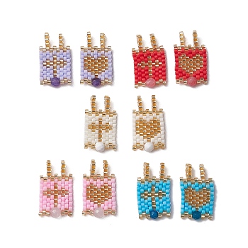 Glass Seed Beaded Pendants, with Natural Gemstone Beads, Rectangle with Cross and Heart, Mixed Color, 25x15x4mm, Hole: 3mm, 2pcs/set