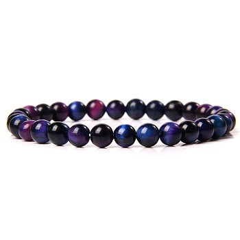 Natural Rainbow Tiger Eye Round Beaded Stretch Bracelet, 