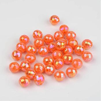 Faceted Colorful Eco-Friendly Poly Styrene Acrylic Round Beads, AB Color, Orange, 8mm, Hole: 1.5mm, about 2000pcs/500g