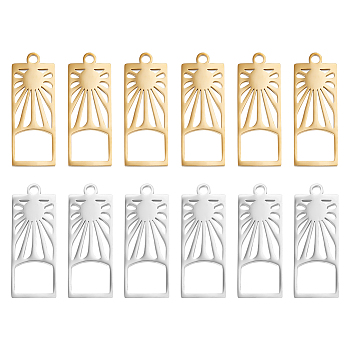 12Pcs 2 Colors 201 Stainless Steel Pendants, Rectangle with Sun, Mixed Color, 27.5x10.5x1.5mm, Hole: 1.8mm, 6pcs/color