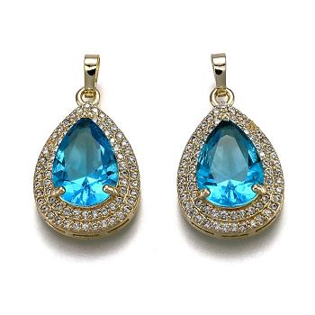 Golden Plated Brass Micro Pave Clear Cubic Zirconia Pendants, with Glass, Long-Lasting Plated, with Snap on Bails, Teardrop, Deep Sky Blue, 24.5x16x7.5mm, Hole: 3x5mm
