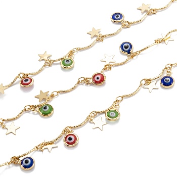 3.28 Feet Handmade Brass Beaded Chains, With Glass Evil Eye Charms & Brass Star Charms, Long-Lasting Plated, Soldered, Golden, link: 12x1x1mm and 4x2.5x0.4mm, eye: 10x7x3mm, star: 8x7x0.4mm