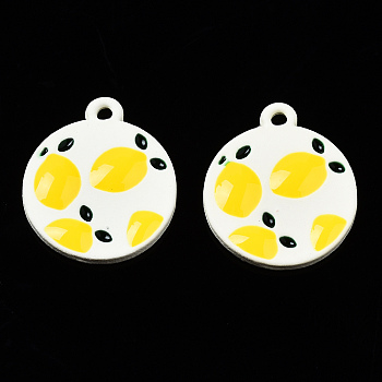 Spray Painted Alloy Pendants, with Enamel, Cadmium Free & Nickel Free & Lead Free, Flat Round with Mango, Gold, 18x15.5x2mm, Hole: 1.5mm