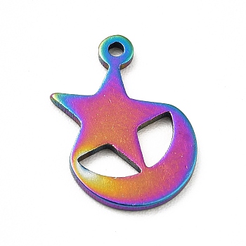 Ion Plating(IP) 201 Stainless Steel Pendants, Moon with Star, Rainbow Color, 13x10.5x1mm, Hole: 1mm
