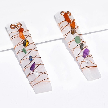 Chakra Jewelry, Natural Selenite Home Decorations, Brass Wire Wrapped Natural Gemstone Display Decorations, Rectangle, White, 70~90x12~16mm