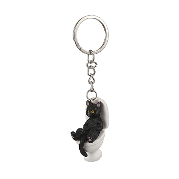 Alloy with PVC Plastic Cute Keychain, Cat Sitting on the Toilet, Black, 94mm